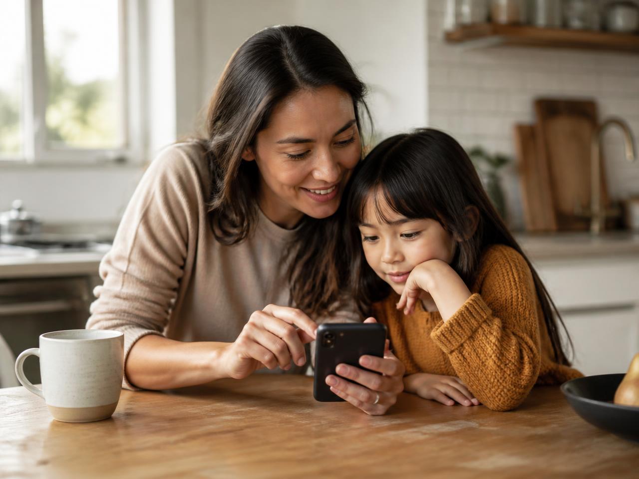 A parent and child looking at the shared family calendar together