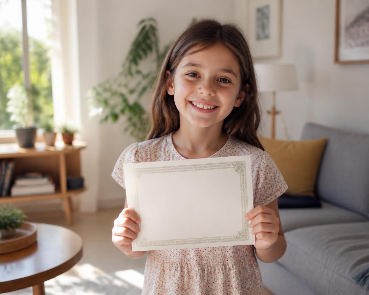 A child proudly holding up a school certificate at home